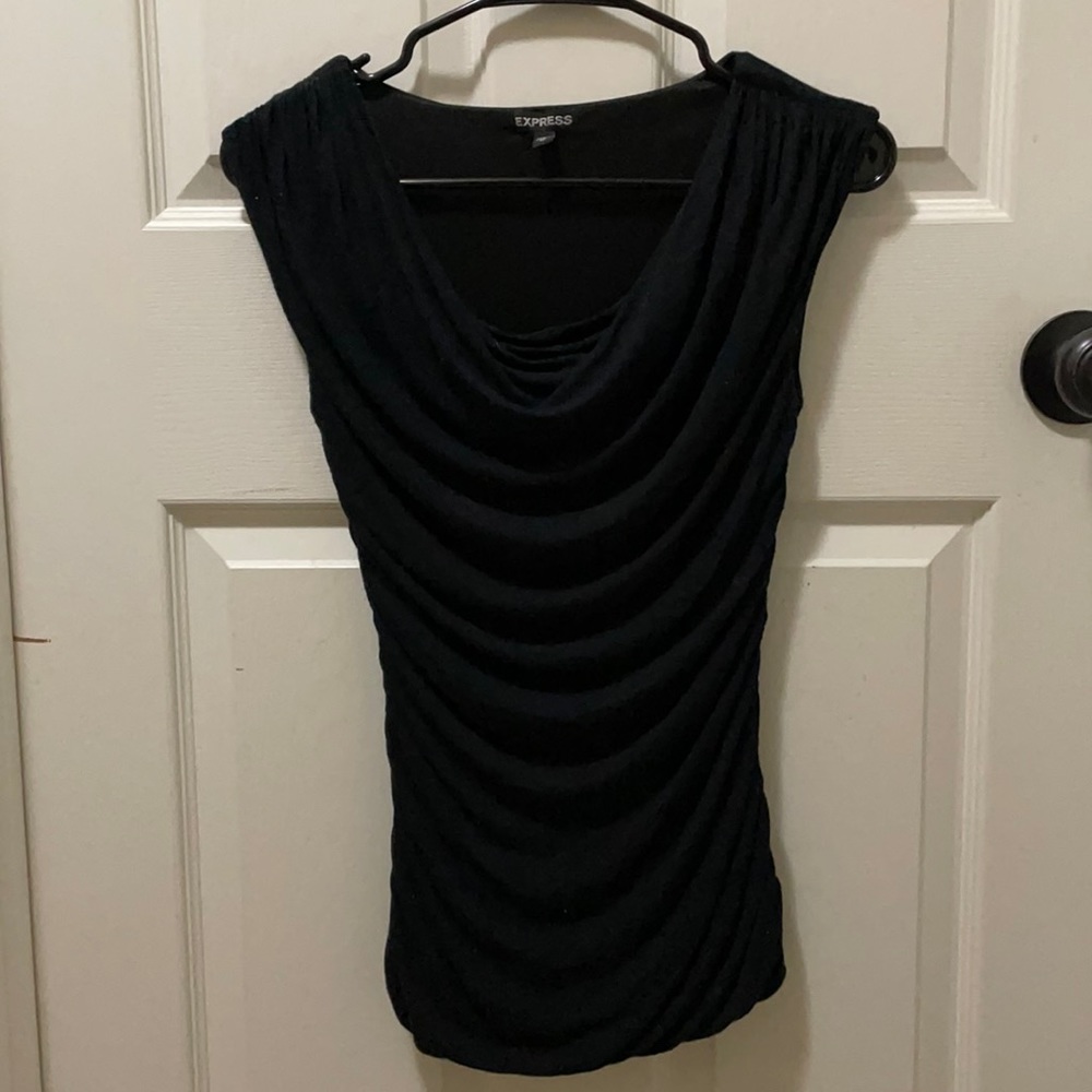 Express ruched black sleeveless top with draping, size XS
